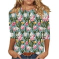 thumbnail image 1 of Women's Graphic 3/4 Sleeve T-Shirts Floral Print Loose Fit Trendy Tops Casual V Neck Tee Tshirts S-3X (3XL, Green), 1 of 5