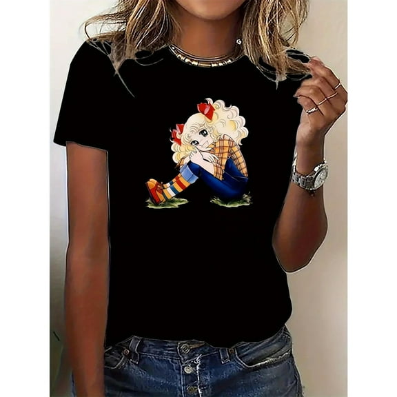 Women's Graphic Cartoon T-Shirt - Playful Sporty Blonde Character Tops - Soft Casual Streetwear for Summer