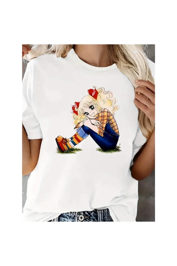 Women's Graphic Cartoon T-Shirt - Playful Sporty Blonde Character Tops - Soft Casual Streetwear for Summer