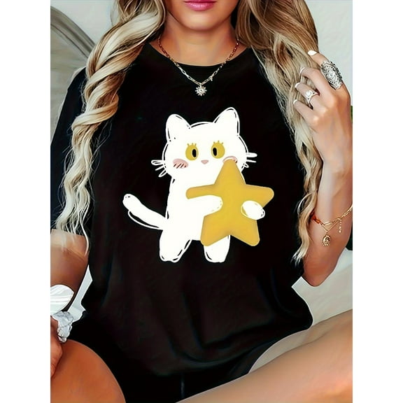 Women's Graphic Cat Tee - White Cute Kitty Print Stretch Crew Neck Top (S-5XL) | Soft Breathable T-Shirt for Summer & Parties | Whimsical Pet Lover Fashion