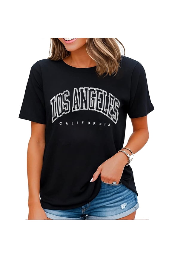 Women's Graphic City Tees LA Letter Print Summer Tops Vintage Sleeve Loose Casual T Shirts Black 2X-Large
