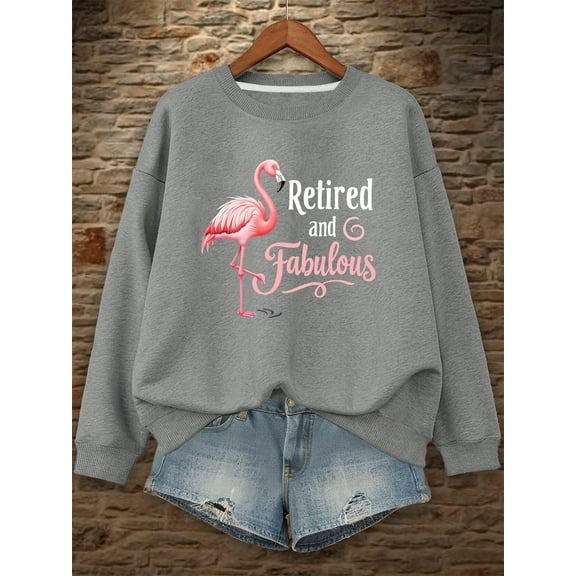 Women's  Graphic Flamingo Print Sweatshirt -  Casual Long Sleeve Round Neck Pullover, Machine Washable Autumn Winter Clothing, Everyday Comfort Apparel | Playful Graphic Sweatshirt