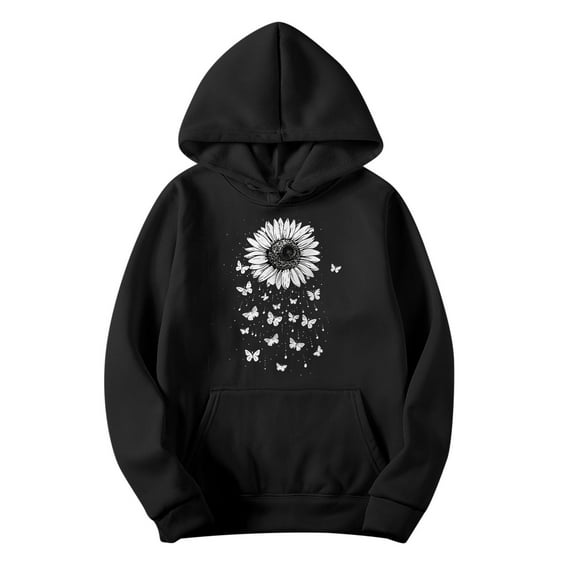 SHE IS Women's Graphic Hoodies Drawstring Long Sleeve Floral Printed Hoodies Vintage Aesthetic Flower Graphic Sweatshirt Cute Boho Fleece Thermal Hoodie Pullover
