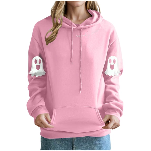 Women's Graphic Hoodies Loose Ghost Halloween Hoodie Sweatshirts with Pocket Long Sleeve Funny Cute Pullover Shirts Pink, XL