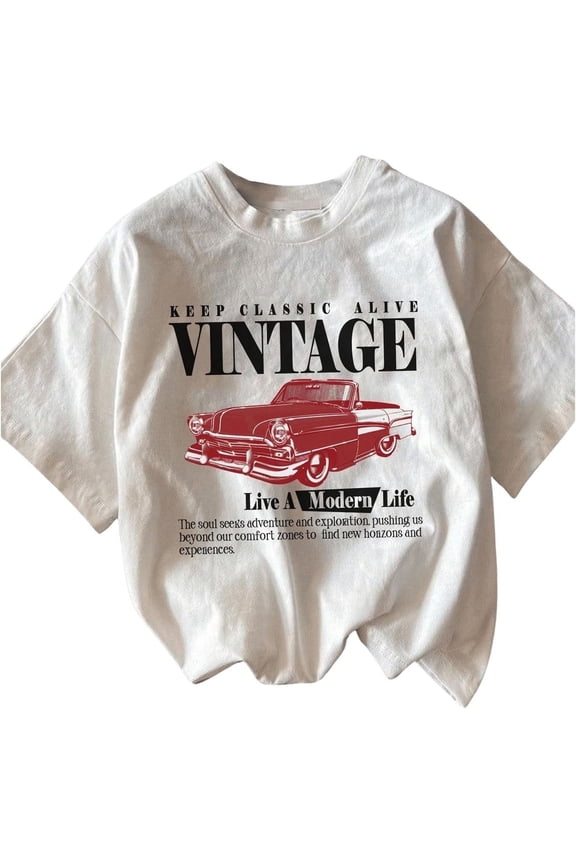 Women's Graphic Letter Tee Crew Neck Drop Shoulder Trendy Summer T Shirt Short Sleeve Vintage Car Print Top,womens shirts for summer,womens shirts casual short sleeve,womens casual summer shirts