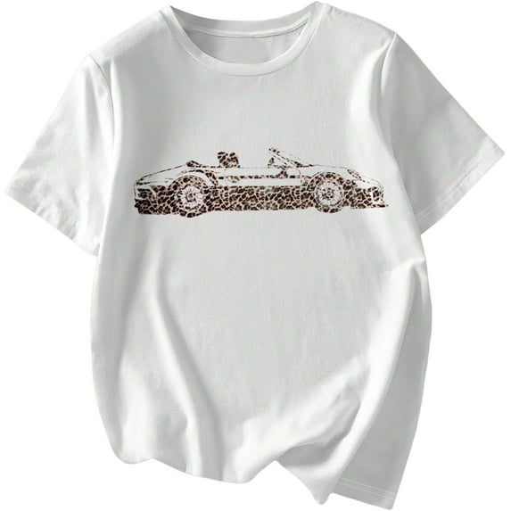 Women's Graphic Letter Tee Crew Neck Drop Shoulder Trendy Summer T Shirt Short Sleeve Vintage Car Print Top,womens shirts for summer,womens shirts casual short sleeve,womens casual summer shirts