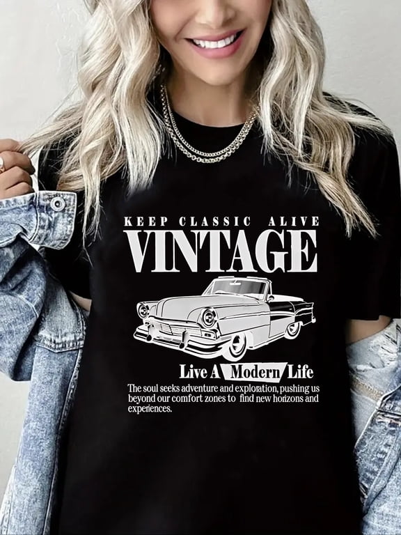 Women's Graphic Letter Tee Crew Neck Drop Shoulder Trendy T Shirt Short Sleeve Vintage Car Print Top