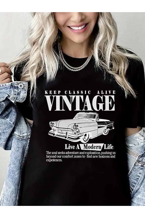 Women's Graphic Letter Tee Crew Neck Drop Shoulder Trendy T Shirt Short Sleeve Vintage Car Print Top