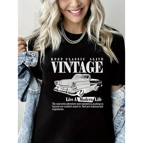Women's Graphic Letter Tee Crew Neck Drop Shoulder Trendy T Shirt Short Sleeve Vintage Car Print Top