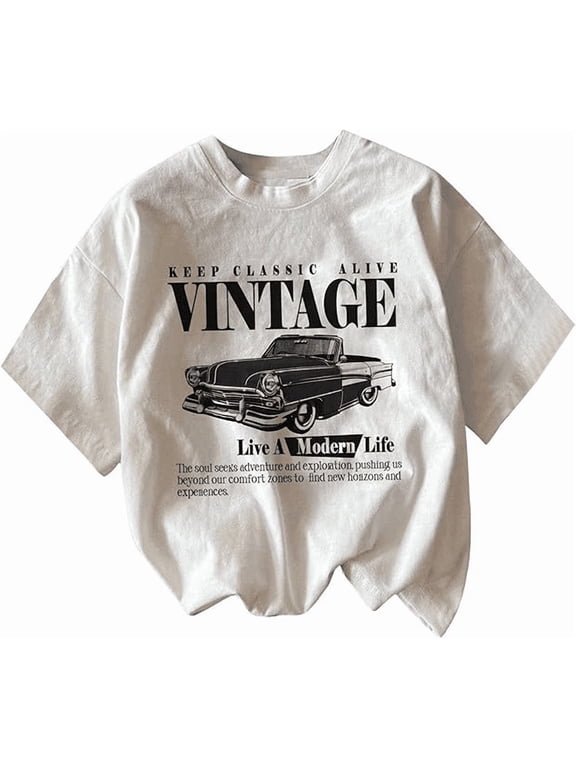 Women's Graphic Letter Tee Crew Neck Drop Shoulder Trendy T Shirt Short Sleeve Vintage Car Print Top