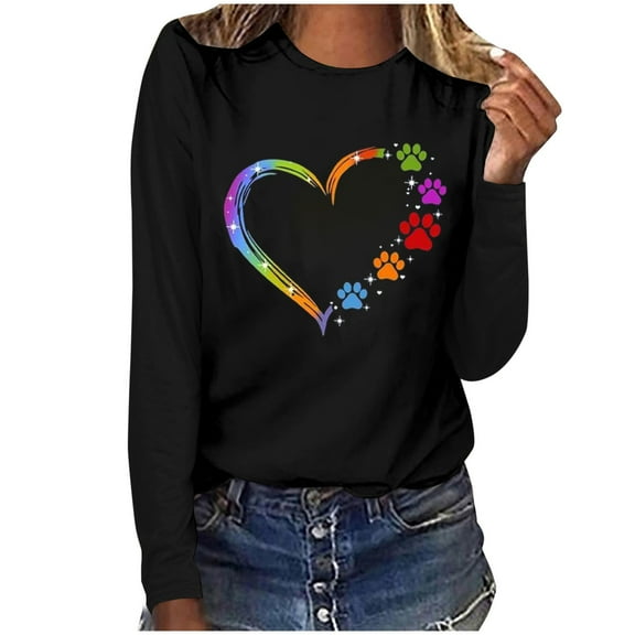 Women's Graphic Long Sleeve Tops Funny Print Crew Neck Casual Loose Sweatshirts Valentine Day Tee Gift to Ladies(Black,M)