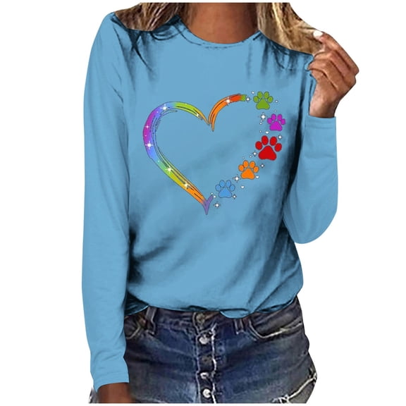 Women's Graphic Long Sleeve Tops Funny Print Crew Neck Casual Loose Sweatshirts Valentine Day Tee Gift to Ladies(Blue,M)
