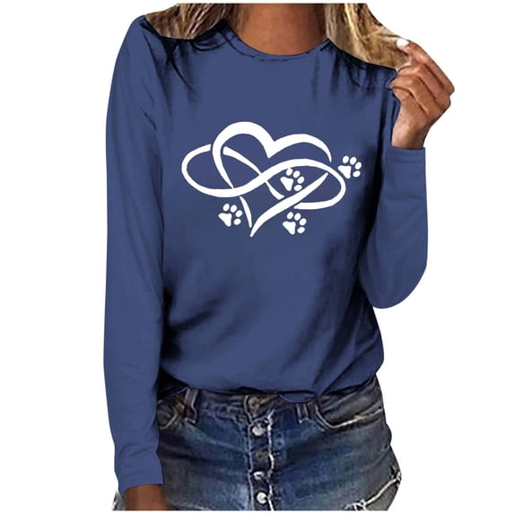 Women's Graphic Long Sleeve Tops Funny Print Crew Neck Casual Loose Sweatshirts Valentine Day Tee Gift to Ladies(Navy,S)