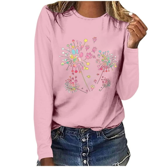 Women's Graphic Long Sleeve Tops Funny Print Crew Neck Casual Loose Sweatshirts Valentine Day Tee Gift to Ladies(Pink,M)