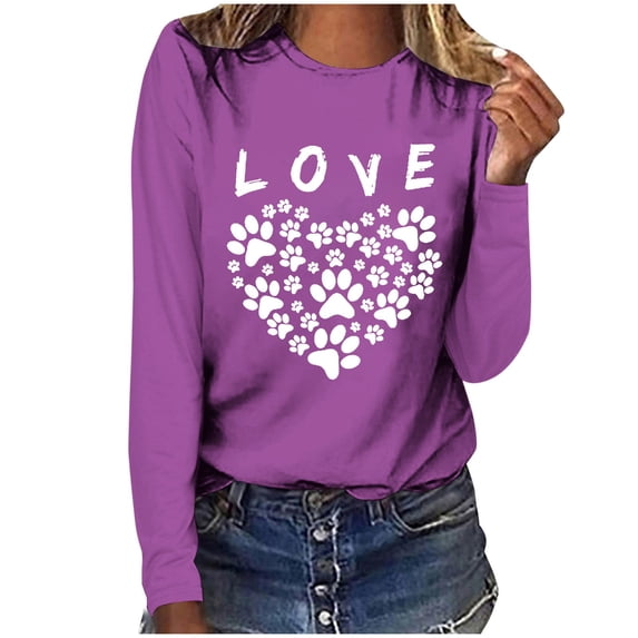Women's Graphic Long Sleeve Tops Funny Print Crew Neck Casual Loose Sweatshirts Valentine Day Tee Gift to Ladies(Purple,L)