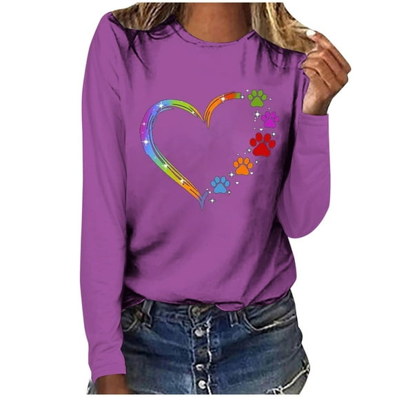 Women's Graphic Long Sleeve Tops Funny Print Crew Neck Casual Loose Sweatshirts Valentine Day Tee Gift to Ladies(Purple,XL)