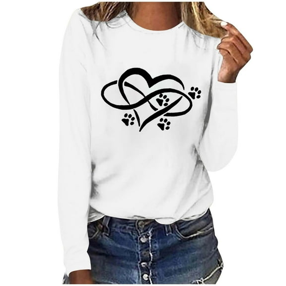 Women's Graphic Long Sleeve Tops Funny Print Crew Neck Casual Loose Sweatshirts Valentine Day Tee Gift to Ladies(White,S)