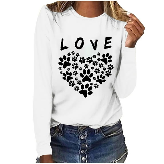 Women's Graphic Long Sleeve Tops Funny Print Crew Neck Casual Loose Sweatshirts Valentine Day Tee Gift to Ladies(White,S)