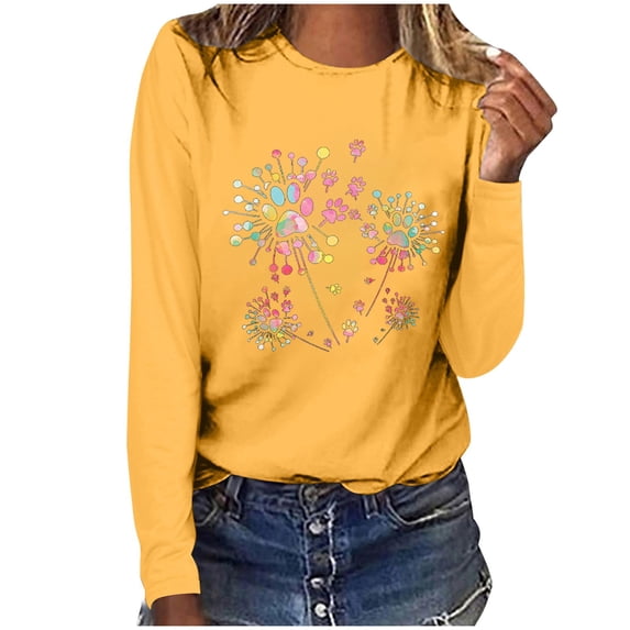 Women's Graphic Long Sleeve Tops Funny Print Crew Neck Casual Loose Sweatshirts Valentine Day Tee Gift to Ladies(Yellow,M)