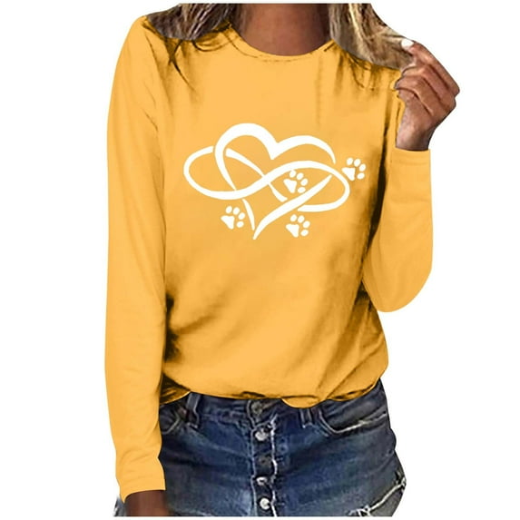 Women's Graphic Long Sleeve Tops Funny Print Crew Neck Casual Loose Sweatshirts Valentine Day Tee Gift to Ladies(Yellow,M)