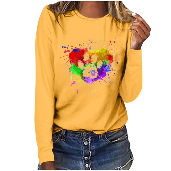 Women's Graphic Long Sleeve Tops Funny Print Crew Neck Casual Loose Sweatshirts Valentine Day Tee Gift to Ladies(Yellow,S)