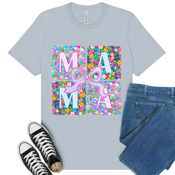Women's Graphic Premium T-Shirt MAMA Floral Block Letters with Bow, LightBlue, L