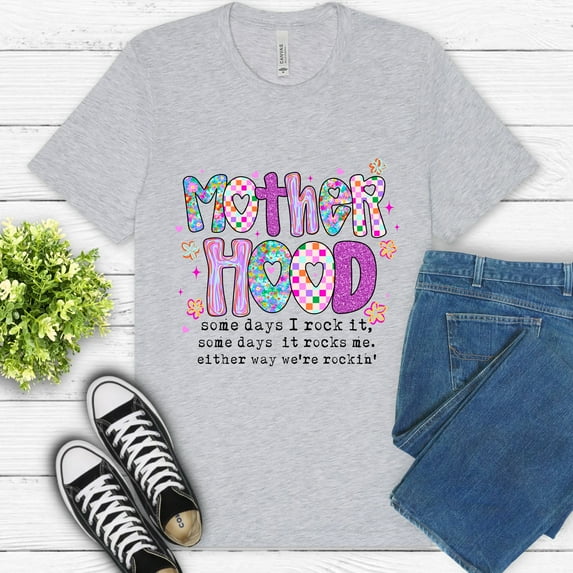 Women's Graphic Premium T-Shirt Motherhood Quote Colorful Retro Style, Ash, M