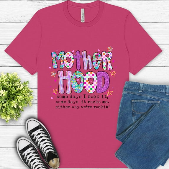 Women's Graphic Premium T-Shirt Motherhood Quote Colorful Retro Style, Berry, XL