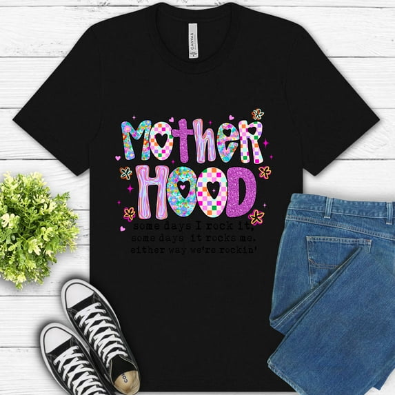 Women's Graphic Premium T-Shirt Motherhood Quote Colorful Retro Style, Black, XL