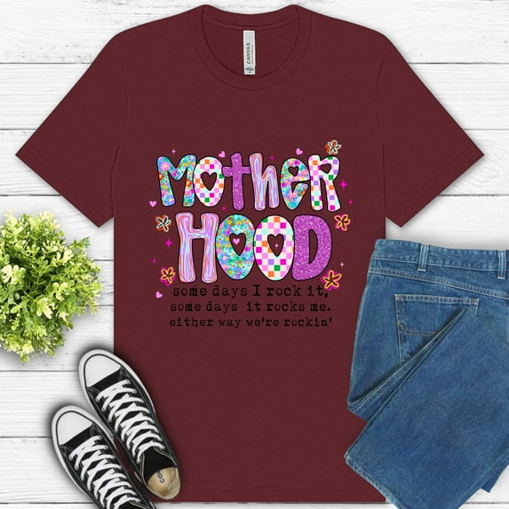 Women's Graphic Premium T-Shirt Motherhood Quote Colorful Retro Style, Maroon, 2XL