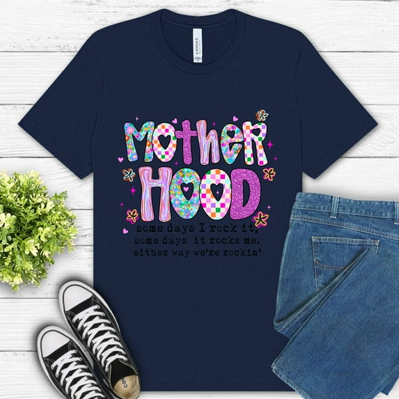 Women's Graphic Premium T-Shirt Motherhood Quote Colorful Retro Style, Navy, S
