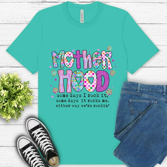 Women's Graphic Premium T-Shirt Motherhood Quote Colorful Retro Style, Teal, M