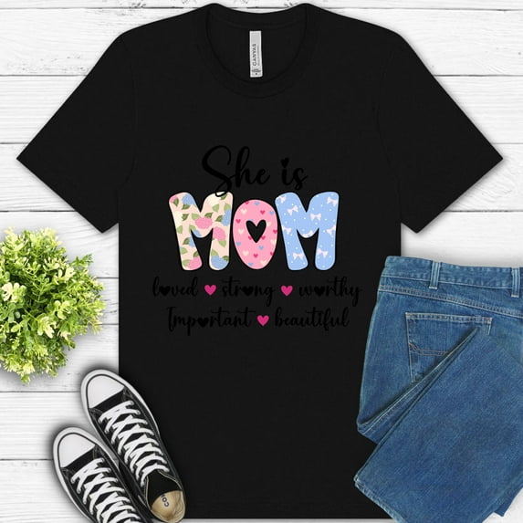 Women's Graphic Premium T-Shirt She is MOM with Positive Words and Pastel Design, Black, S