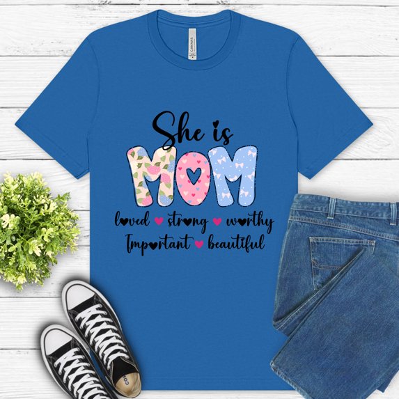 Women's Graphic Premium T-Shirt She is MOM with Positive Words and Pastel Design, ColumbiaBlue, S