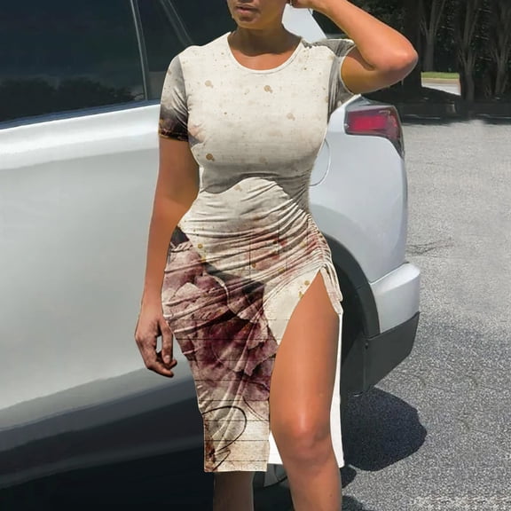 DailyTrove Women's Graphic Print Slit Midi Dress, Short Sleeve, Casual Night Out & Festival Wear, Stretchy Polyester Blend, Bold Design