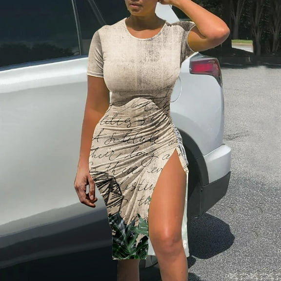 DailyTrove Women's Graphic Print Slit Midi Dress, Short Sleeve, Casual Night Out & Festival Wear, Stretchy Polyester Blend, Bold Design