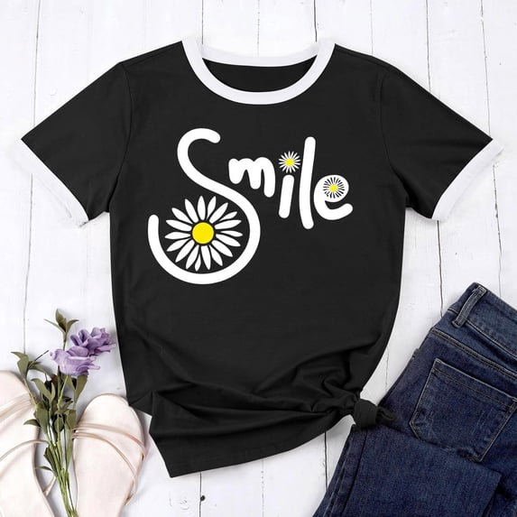 Women’s Graphic Print Tee Casual Short Sleeve T Shirt Funny Letter Printed T Shirts Summer Short Sleeve T-Shirt with Trendy Design for Daily Wear(Black3,L)