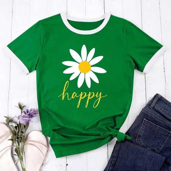 Women’s Graphic Print Tee Casual Short Sleeve T Shirt Funny Letter Printed T Shirts Summer Short Sleeve T-Shirt with Trendy Design for Daily Wear(Green,XL)
