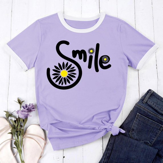 Women’s Graphic Print Tee Casual Short Sleeve T Shirt Funny Letter Printed T Shirts Summer Short Sleeve T-Shirt with Trendy Design for Daily Wear(Purple3,M)