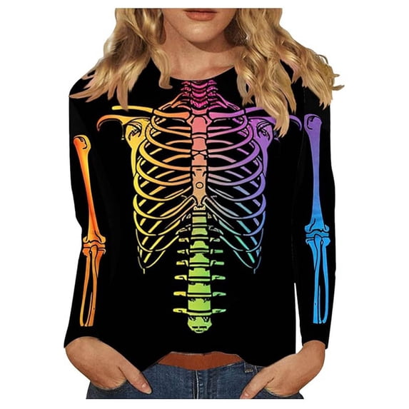 Women's Graphic Print Tee, Crew Neck 3/4 Sleeve Top, Fall Shirt for Halloween Casual Wear
