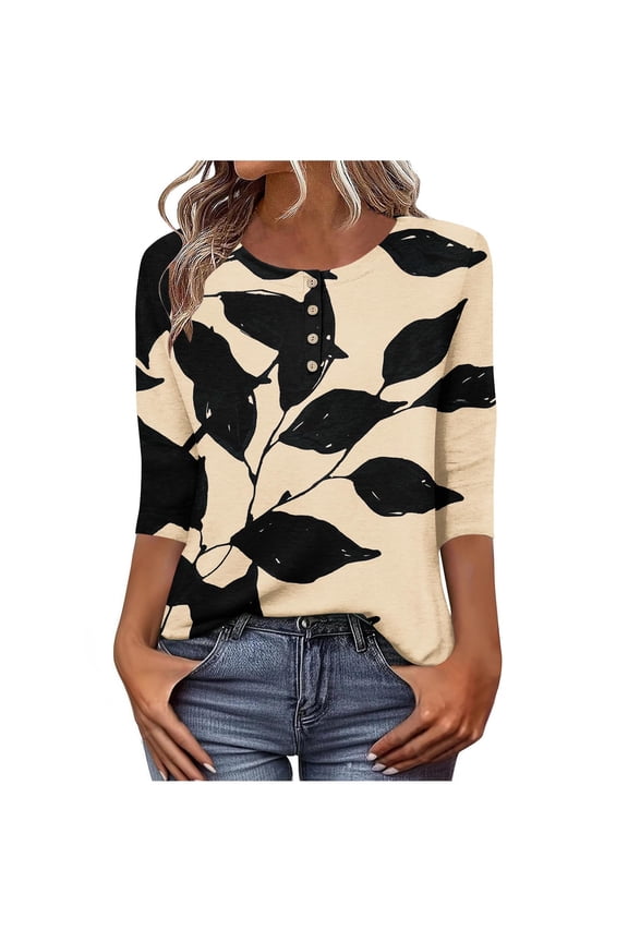 Women's Graphic Printed T-shirts 3/4 Length Sleeve Tees Crew Neck Spring Fall Summer Tops with Buttons (2XL, Beige)