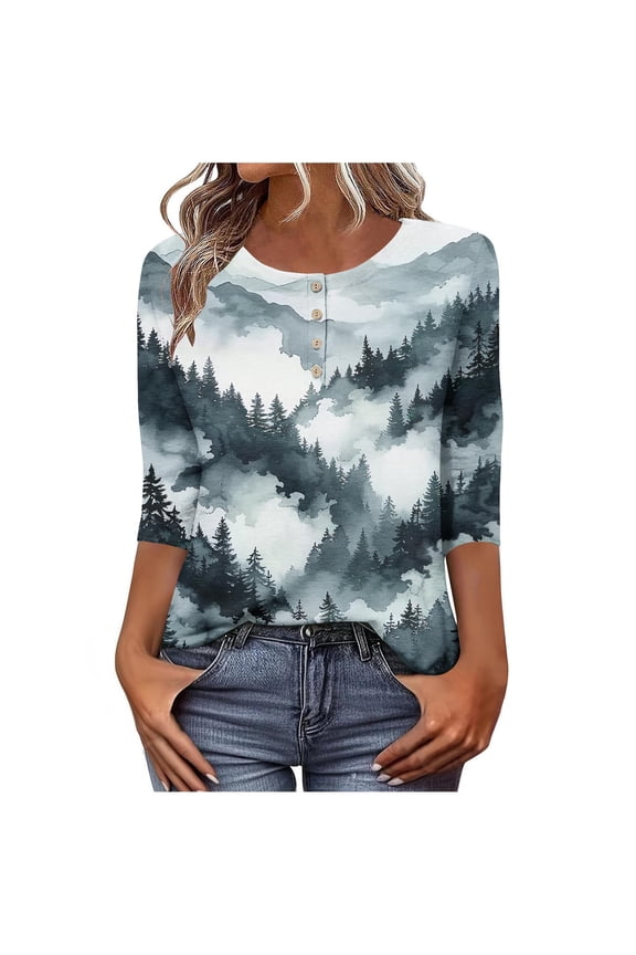Women's Graphic Printed T-shirts 3/4 Length Sleeve Tees Crew Neck Spring Fall Summer Tops with Buttons (L, Dark Gray)