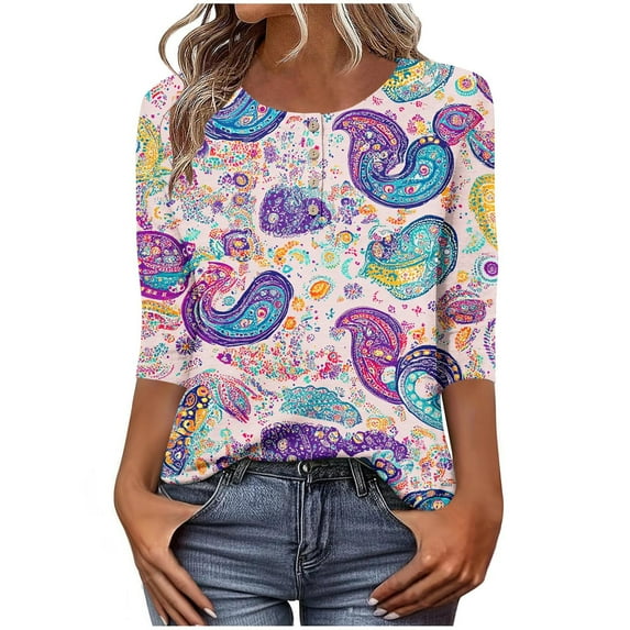 Women's Graphic Printed T-shirts 3/4 Length Sleeve Tees Crew Neck Spring Fall Summer Tops with Buttons (M, Purple)