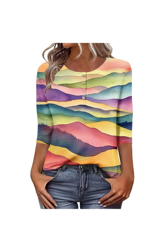 Women's Graphic Printed T-shirts 3/4 Length Sleeve Tees Crew Neck Spring Fall Summer Tops with Buttons (S, Multicolor)