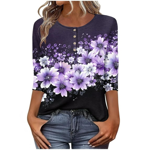 Women's Graphic Printed T-shirts 3/4 Length Sleeve Tees Crew Neck Spring Fall Summer Tops with Buttons (XL, Purple 01)