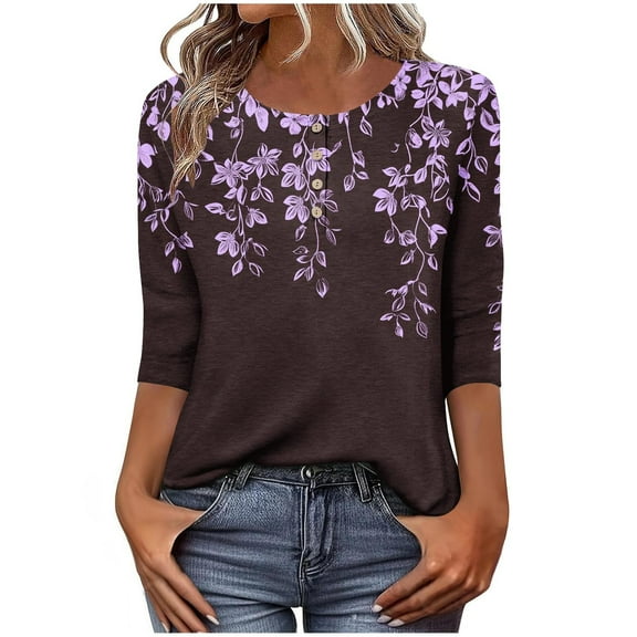 Women's Graphic Printed T-shirts 3/4 Length Sleeve Tees Crew Neck Spring Fall Summer Tops with Buttons (XL, Purple)