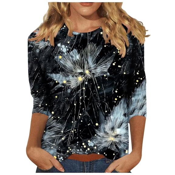 Women's Graphic Shirts 3/4 Sleeve Plant Printed Tops Casual 3/4 Sleeve Summer Tops Holiday Tee Shirt Black XXXL