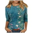 thumbnail image 1 of Women's Graphic Shirts Flower Pattern Print Tops Casual 3/4 Sleeve Summer Tops Holiday Tee Shirt Blue XXL, 1 of 5