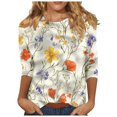 thumbnail image 1 of Women's Graphic Shirts Flower Pattern Print Tops Casual 3/4 Sleeve Summer Tops Holiday Tee Shirt White L, 1 of 5