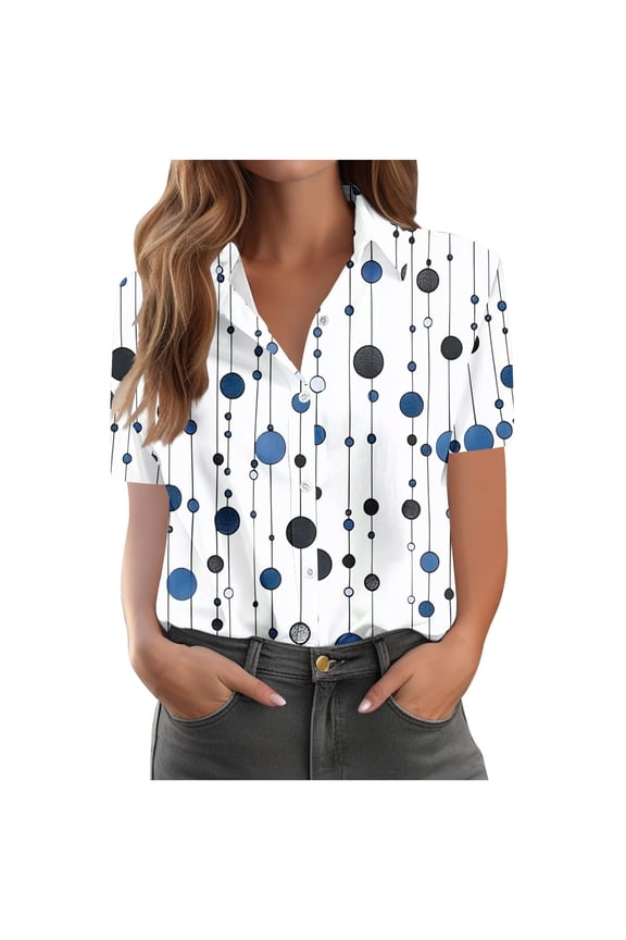 Women's Graphic Short Sleeve Button-Down Shirt - Collared Casual Print Blouse Tops for Summer & Everyday Wear Cotton Blouses For Women